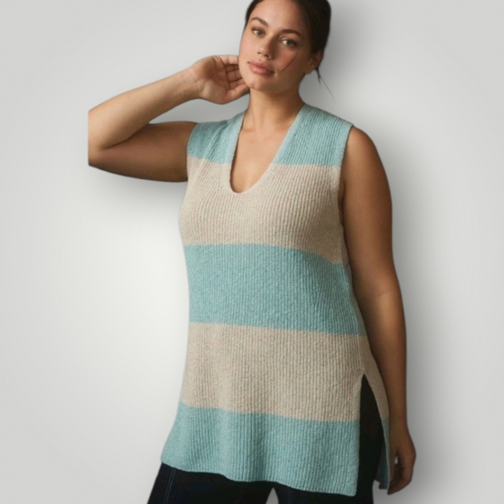 Anthropologie‎ Pilcro Longline Striped Sweater Vest 1X Cotton Linen Silk Coastal